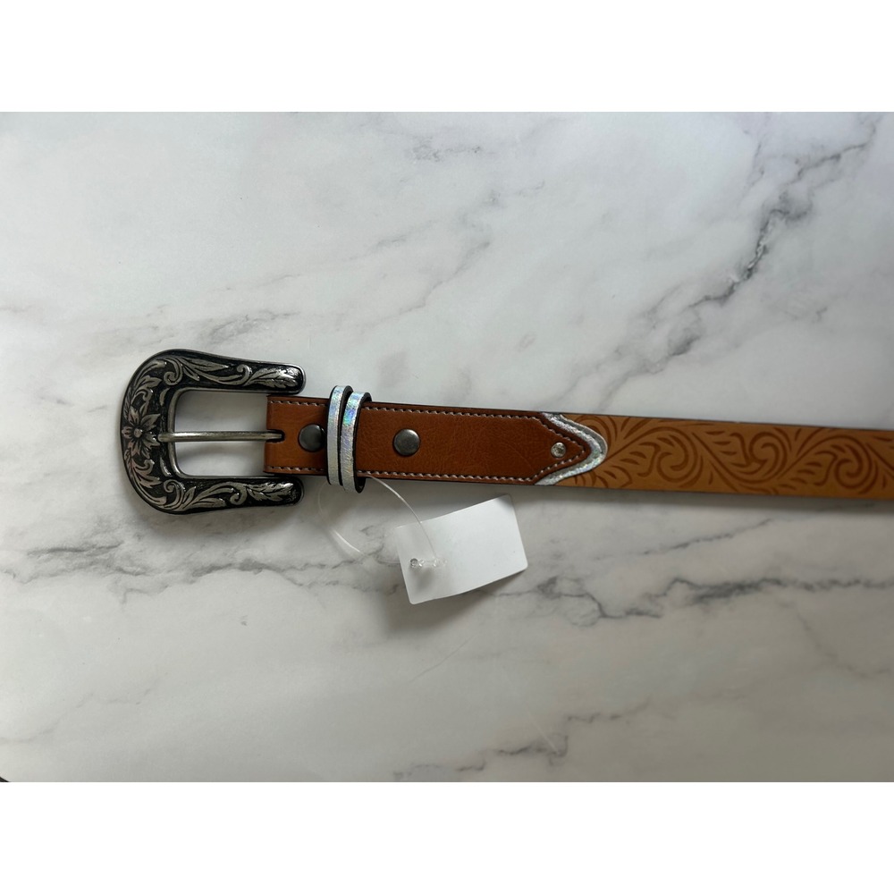 Western Tan‎ Girls Small Embossed Belt Brown White Trim Silver Floral Buckle - Picture 3 of 5